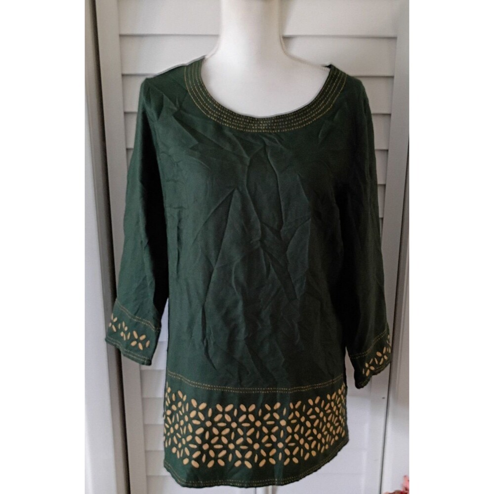 Fabindia silk blend 3/4 sleeve tunic blouse green gold round neck XL